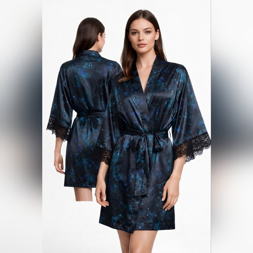 Nwt Frederick's of Hollywood x Megan Fox Iyala Galaxy Print Satin Robe Celestial